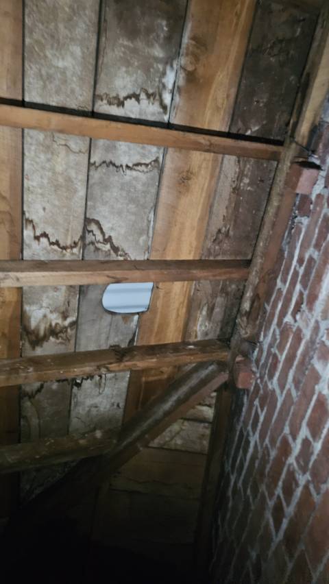 Timber sarking and framing inside a roof space beside a brick firewall, with dark tide marks running across the boards.